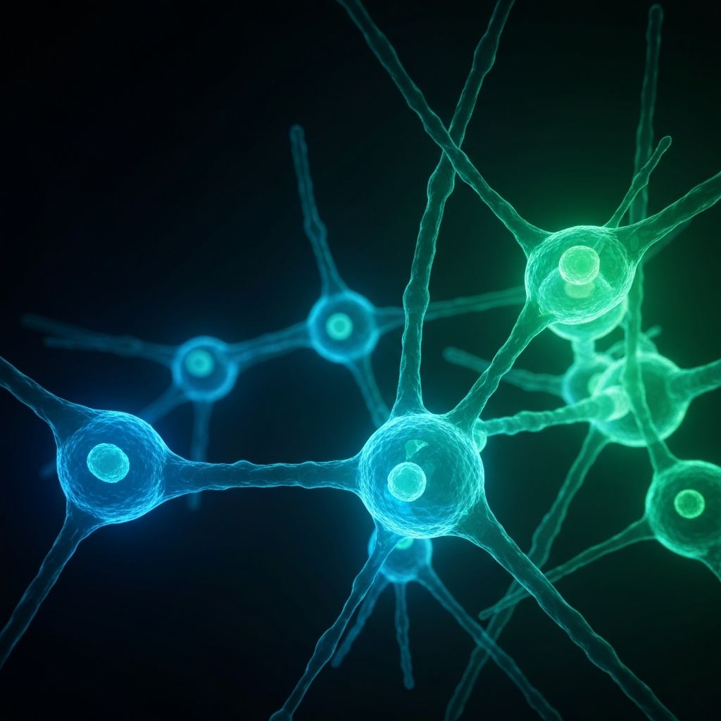 Representación abstracta de estructuras celulares bioluminiscentes que ilustran los procesos energéticos del metabolismo sobre fondo oscuro