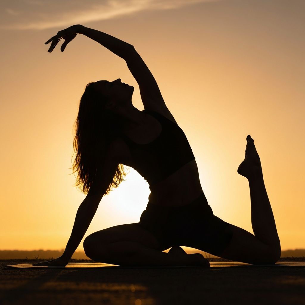 Persona realizando yoga suave al amanecer en silueta contra un cielo de tonos cálidos dorados