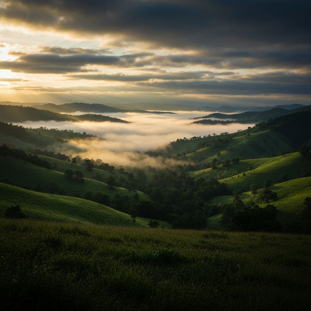 Paisaje natural sereno con luz dramática, evocando equilibrio y bienestar
