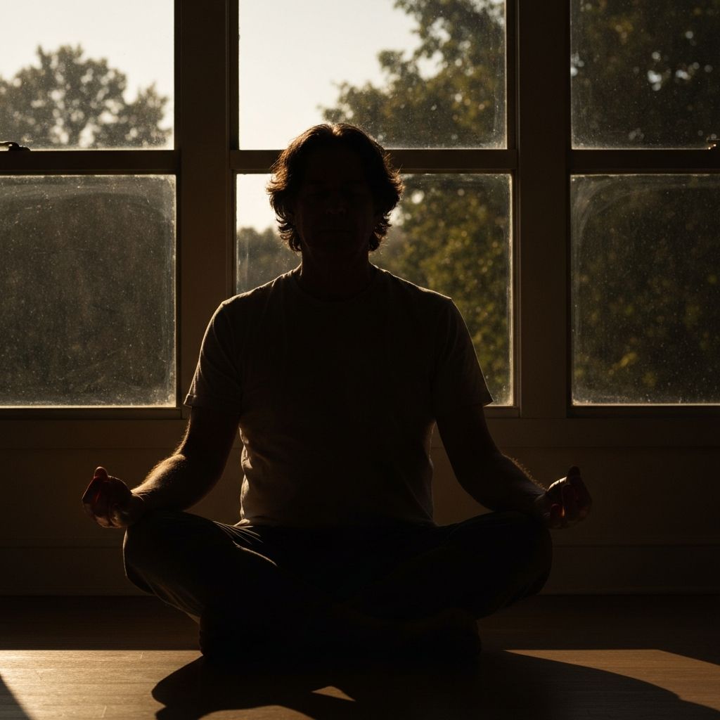 Silueta de persona en postura contemplativa junto a ventana con luz matinal cálida
