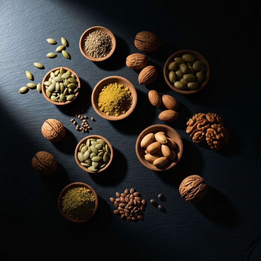 Semillas naturales y frutos secos sobre pizarra oscura con iluminación lateral dramática