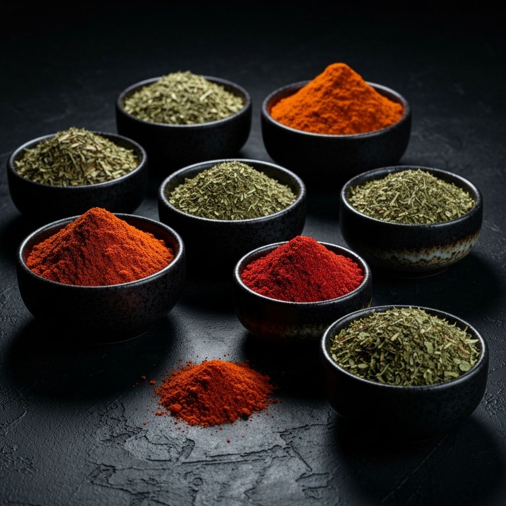 Especias y hierbas secas en cuencos de cerámica oscura con luz dramática desde arriba