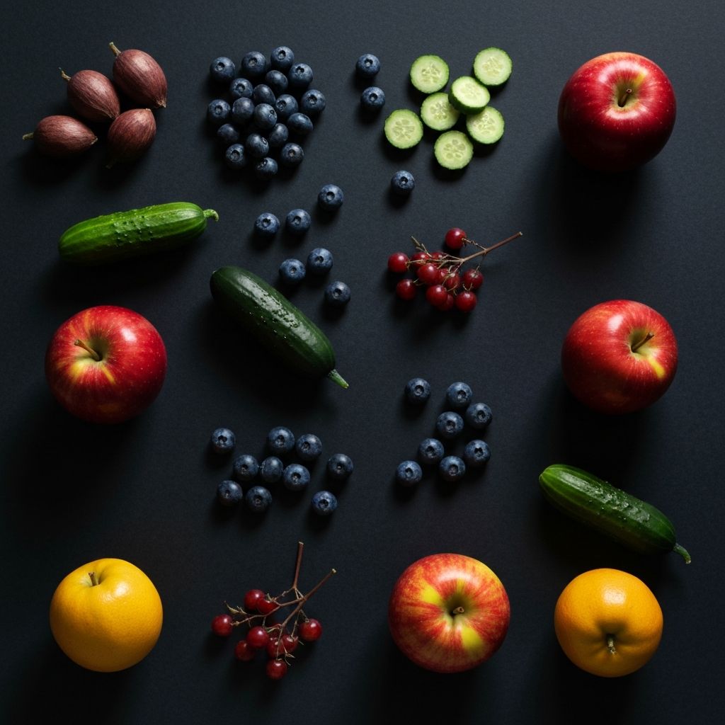 Frutas naturales y ingredientes vegetales en composición flat lay sobre fondo oscuro